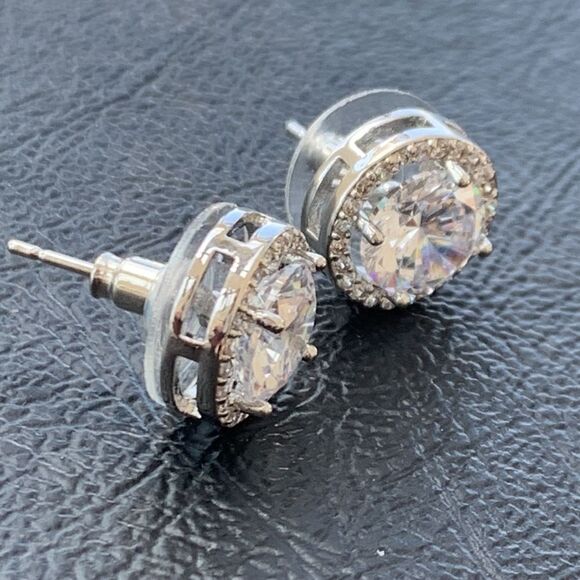 Men’s Cubic Zirconia Silver Tone Round Hip Hop Iced Out CZ Stud Earring Pair NEW - Picture 6 of 9